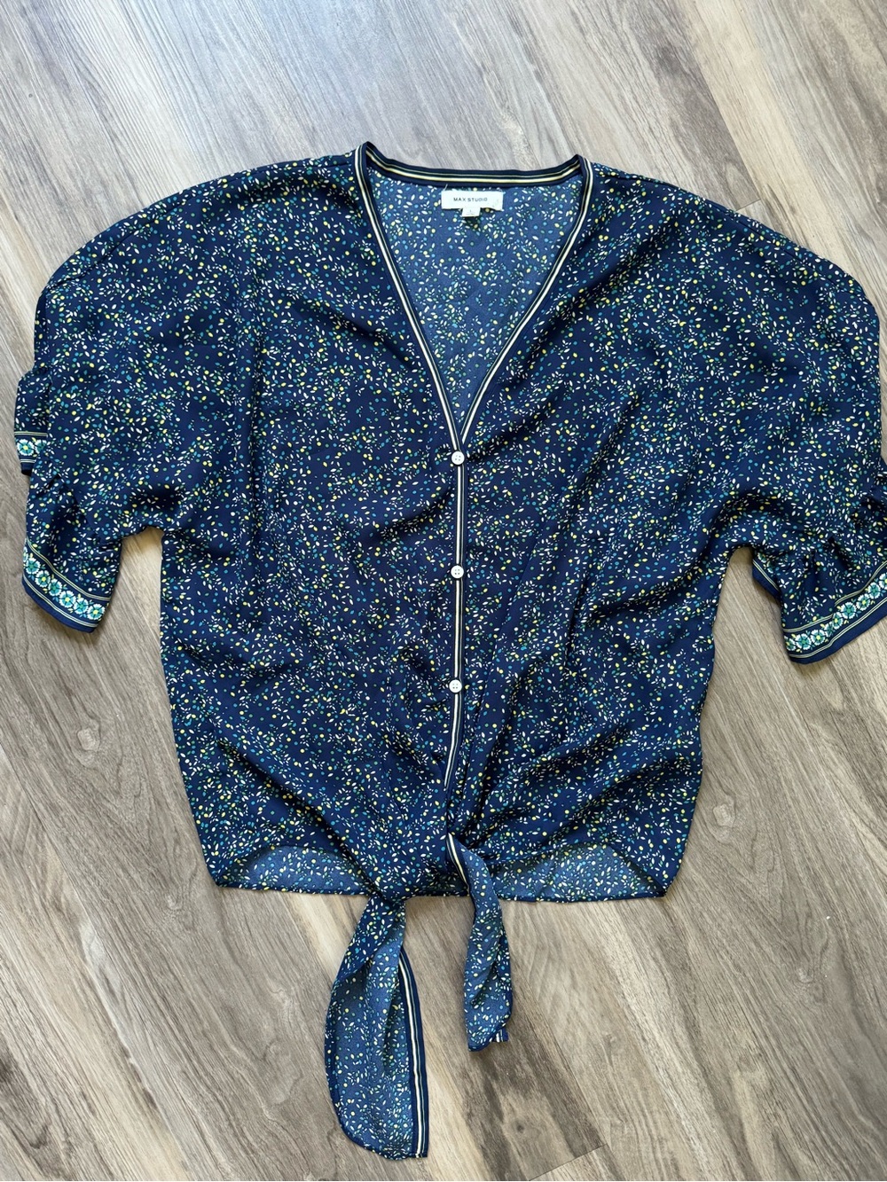 Max Studio Navy Speckled Tie-Front Blouse